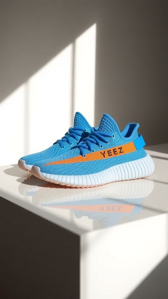 Yeezy 380 Blue Oat Reflective sneakers with blue and orange colorway, featuring reflective details.